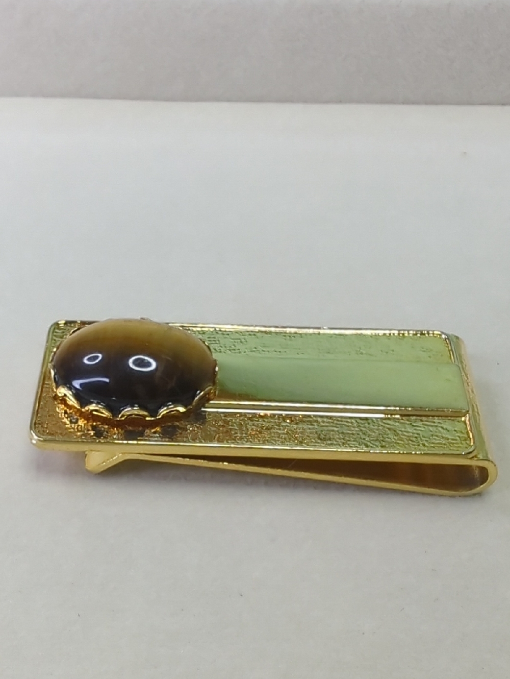 Vintage Money Clip, Cabochon Tiger's Eye, Gold Tone